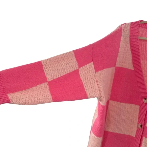Bibi Large Pink Cream Checkerboard Oversized Button Front Cardigan Sweater - Picture 4 of 5